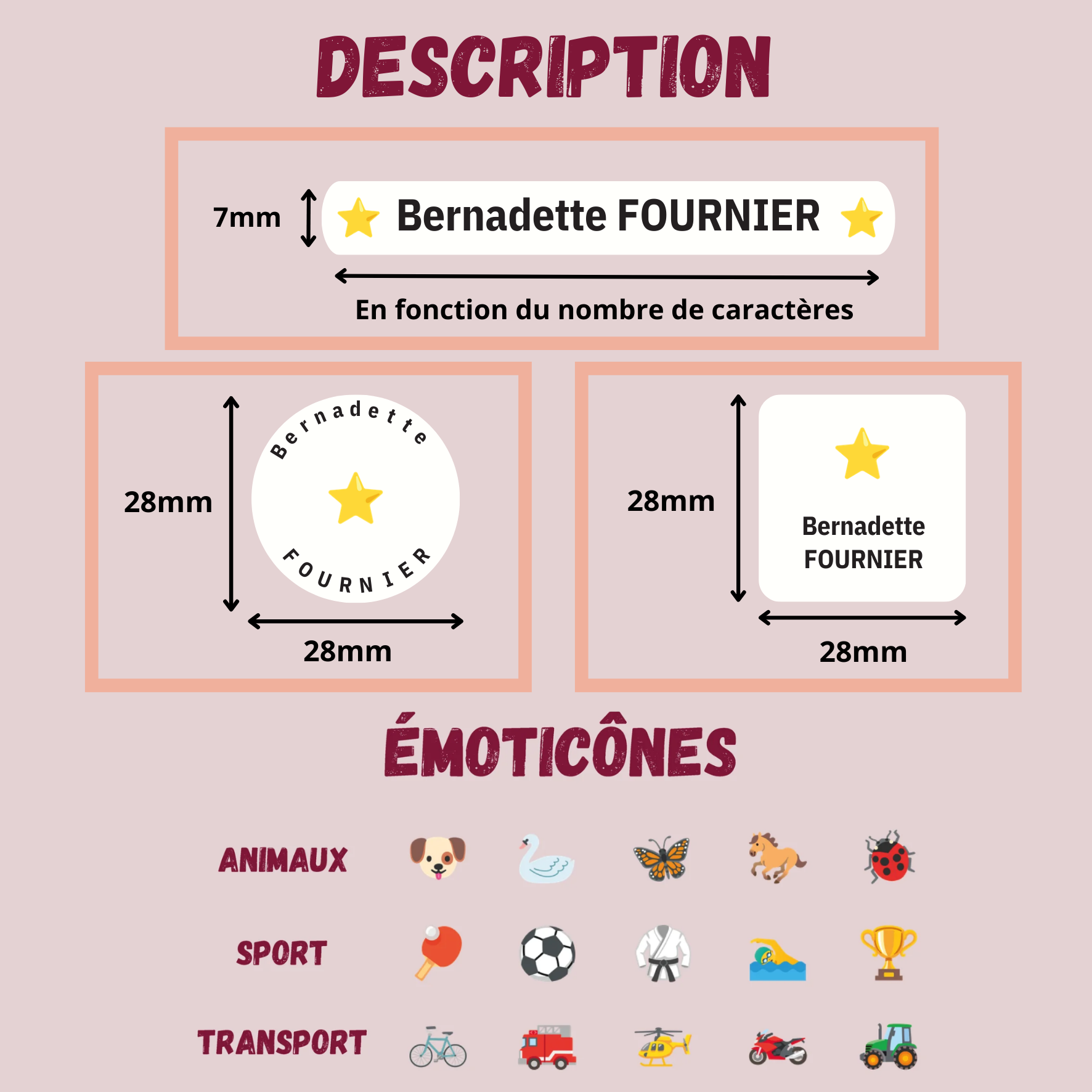 Description des 3 formes autocollant pour le marquage du matériel scolaire 