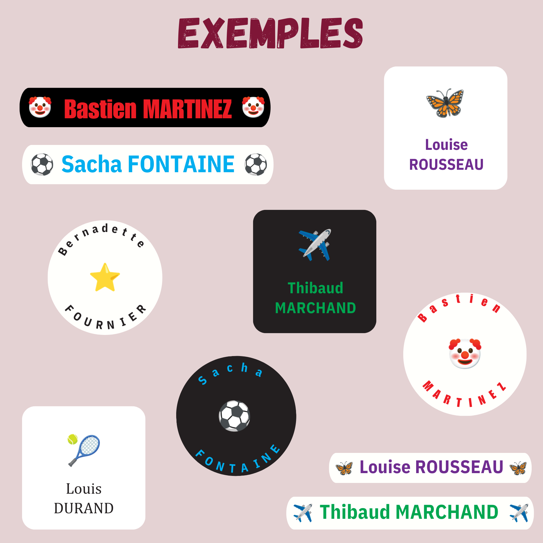 Exemples des personnalisations possible sur le produits autocollants sous ces 3 formes, rectangle, carré et rond